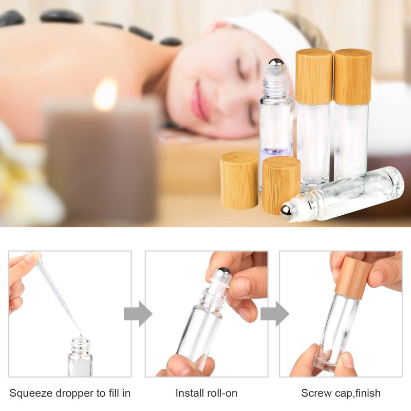 glasstore زجاجات رول أون فارغة قابلة لإعادة التعبئة، زجاجة رول أون 10 مل من الخيزران لعطور الزيوت الأساسية، زجاجات عينة مع كرة رولر من الفولاذ المقاوم للصدأ وغطاء من الخيزران، 12 قطعة - Image 5